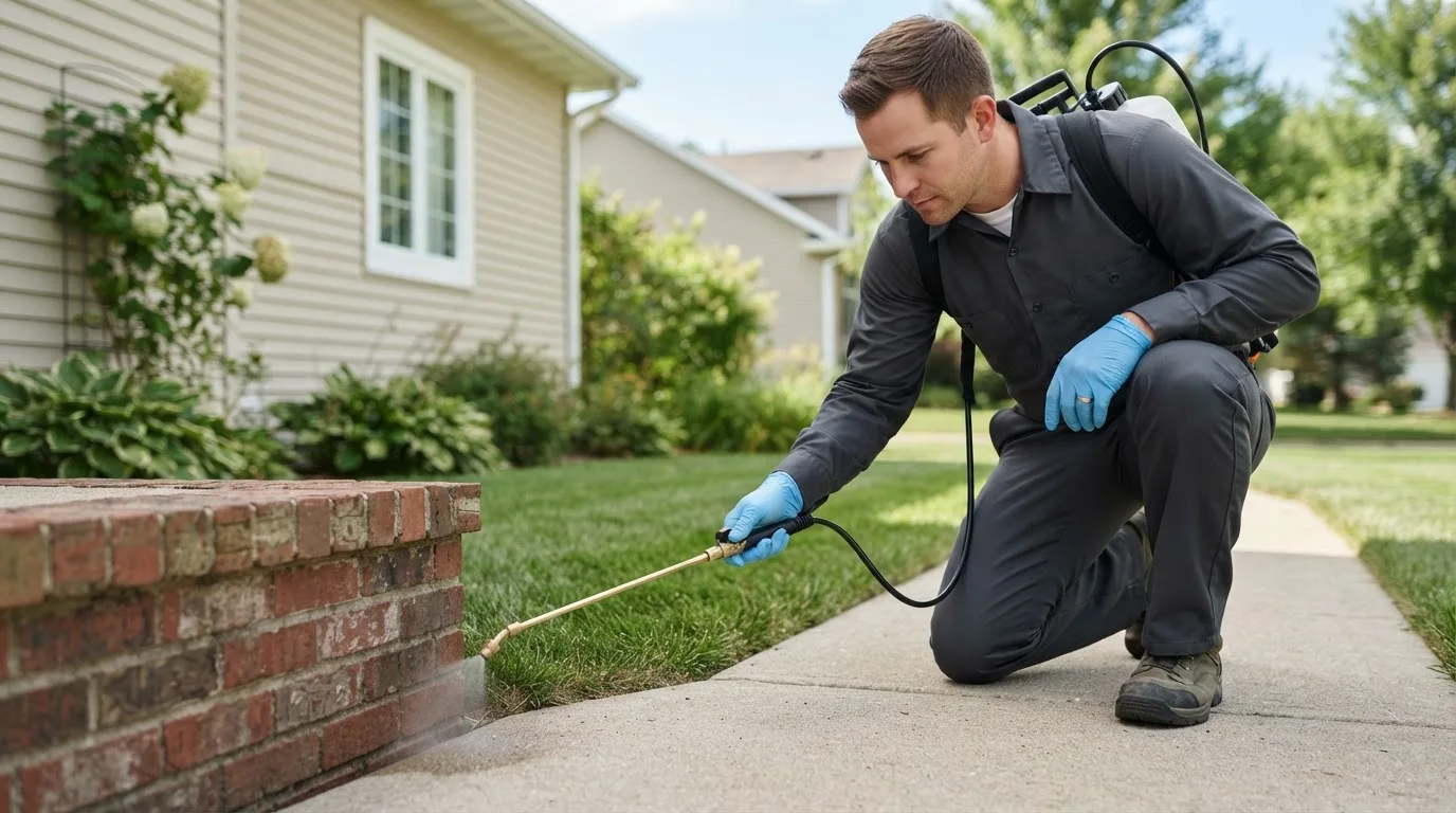 Pest control technician treating a home near Horton, KS